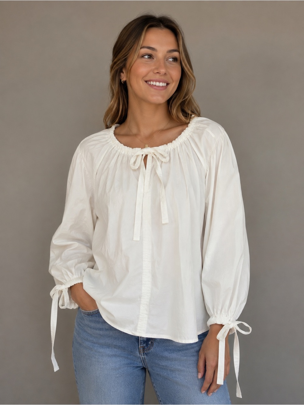Mansur Gavriel White Tie-Neck Peasant Blouse